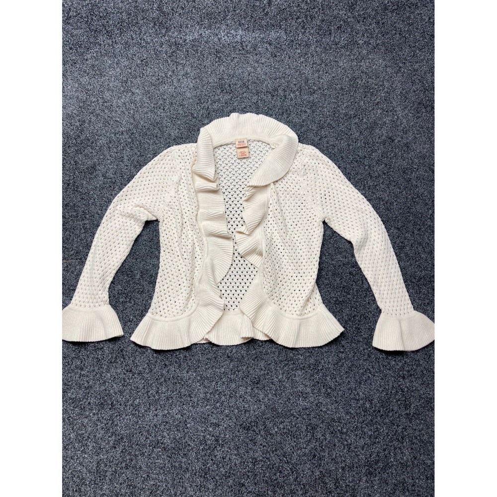 Faded Glory Cream Ruffle Open Front Pointelle Knit Cardigan Bell Sleeve Large
